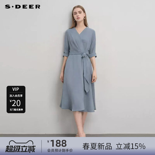 s.deerV领压褶不规则雪纺连衣裙