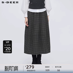sdeer圣迪奥女装 松紧撞色格纹毛呢A字伞裙S253Z1139 25年新品