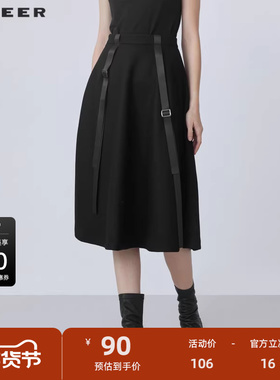 sdeer圣迪奥女装时尚飘带拼接不规则毛呢长裙S214Z1116