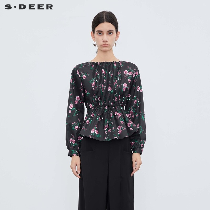 sdeer圣迪奥风琴褶收腰碎花长袖衬衫S233Z0576