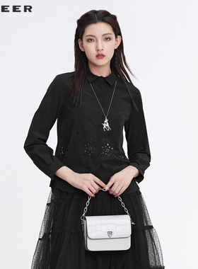 S·DEER圣迪奥女装秋简约翻领镂空不规则黑色衬衫S22180523