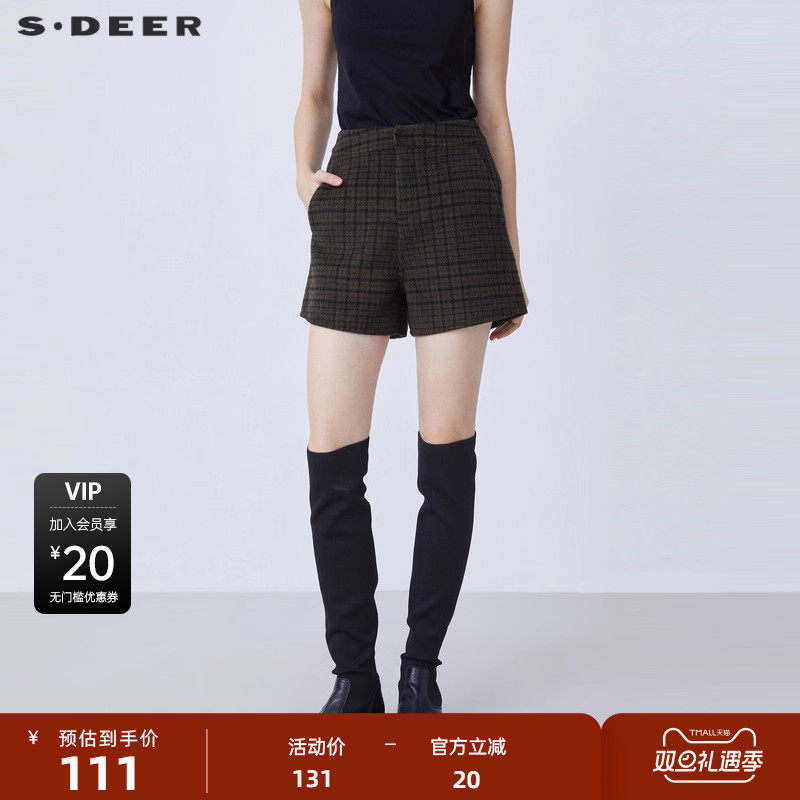 S·DEER圣迪奥女装冬季时尚休闲撞色格纹毛呢A字短裤S2148