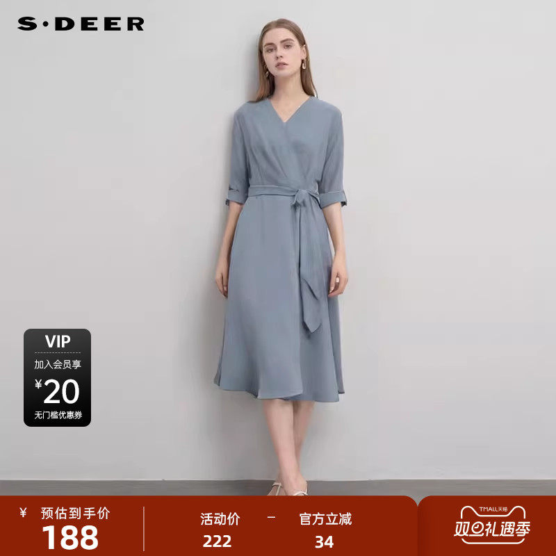 sdeer圣迪奥女装秋V领压褶收腰不规则雪纺连衣裙S233Z12