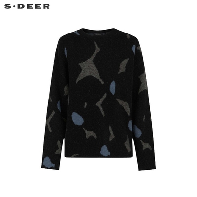 sdeer圣迪奥女装罗纹圆领撞色印花宽松针织衫S234Z3591