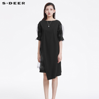 S·DEER圣迪奥女装圆领网纱撞色不规则连衣裙S222Z12A2