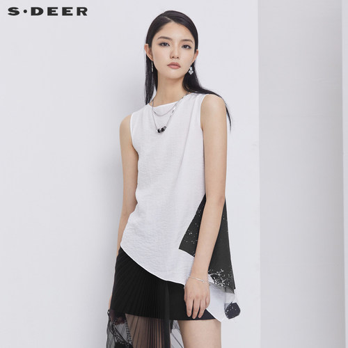 s.deer方领撞色印花无袖背心