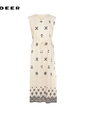 sdeer圣迪奥女装25年新品田园风V领印花收腰无袖连衣裙S252Z12D3