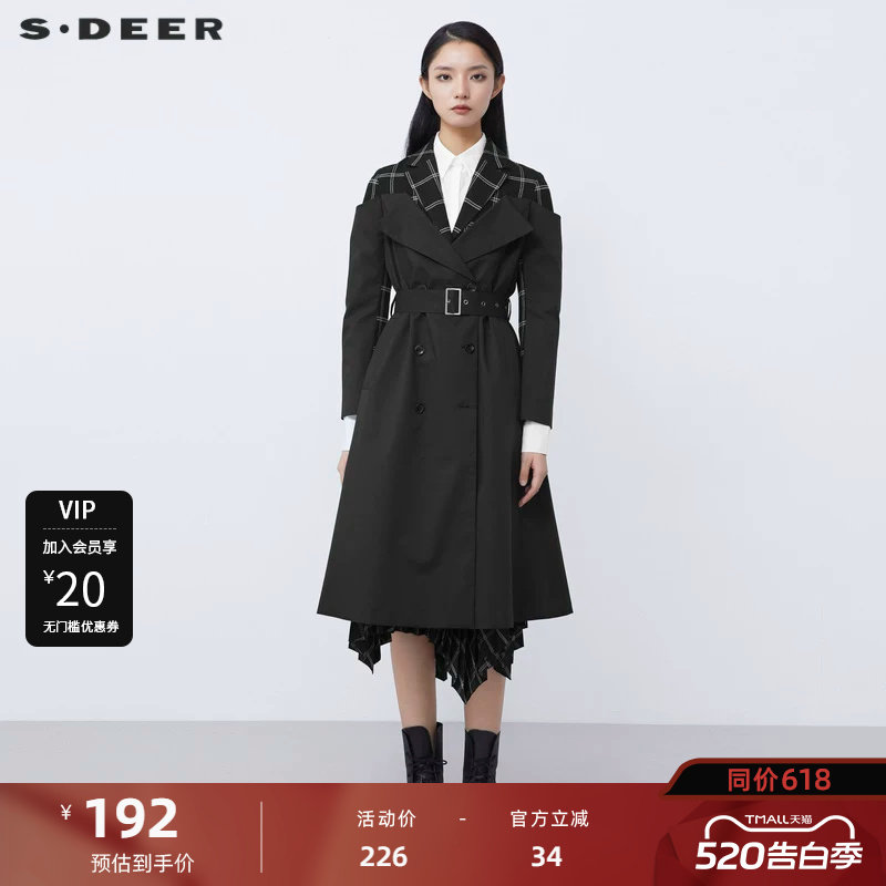 sdeer圣迪奥女装2025秋款休闲西装领格纹拼接长款风衣S21