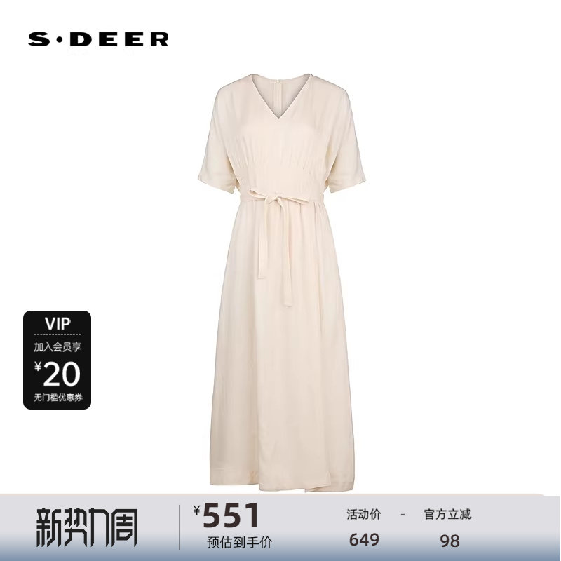 sdeer圣迪奥女装25年新品度假风V领收腰短袖连衣裙S2528