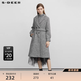 毛呢大衣S223Z2508 领收腰格纹长款 sdeer圣迪奥女装 西装