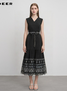 sdeer圣迪奥女装25年新品田园风V领收腰绣花无袖连衣裙S252Z1225