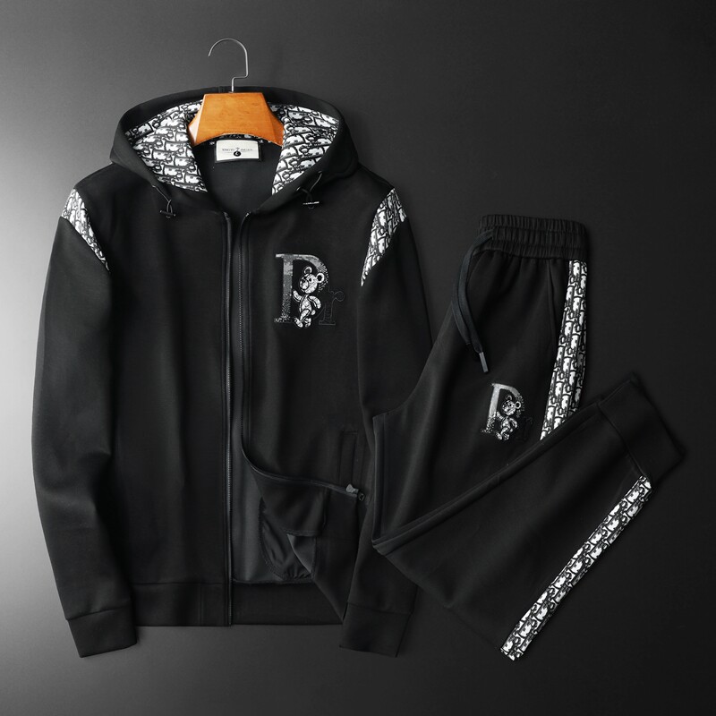 2024年春装男士连帽运动休闲套装黑/白钱塘2020-6312-P250,男装休闲套装,钱塘6026