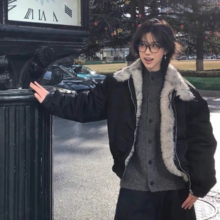 AMBSOM狼王座山雕bomber冬季 boxy外套男狼毛哈灵顿立领棉服夹克