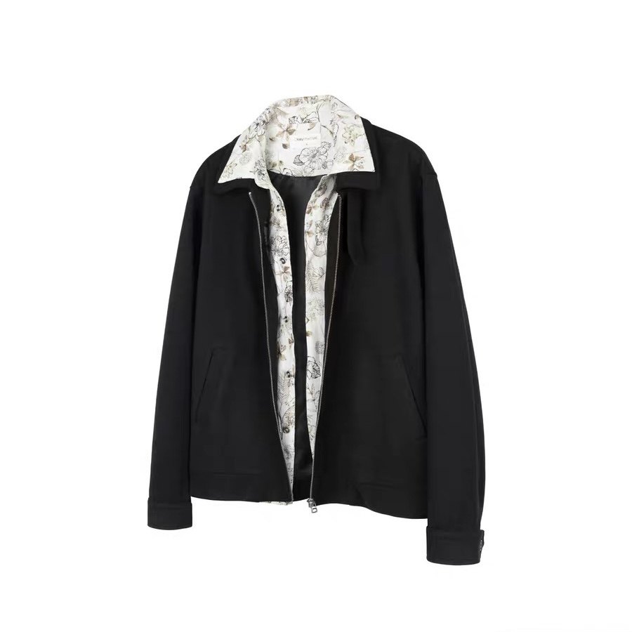 AMBSOM优雅花里假两件衬衫夹克翻领拉链cleanfit秋冬休闲上衣外套