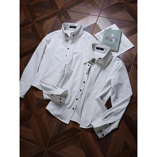 AMBSOM高领台尖条纹正肩合身衬衫 衬衣 优雅微收腰设计通勤休闲长袖