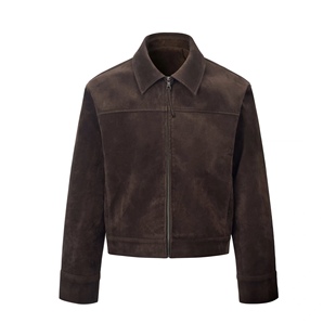 AMBSOM 型夹克外套 巴恩深咖进口牛反绒复古翻领鹿皮感正肩版