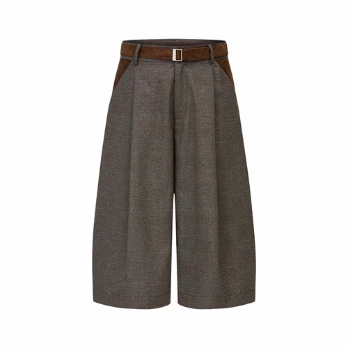 AMBSOM“麂皮打褶”千鸟格拼接老钱风剑道cleanfit七分短裤西裤