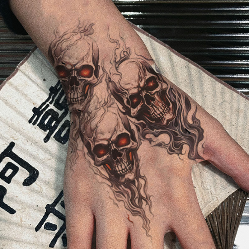 地狱骷髅头纹身贴男手臂手背大腿贴纸彩色防水持久个性新款万圣节
