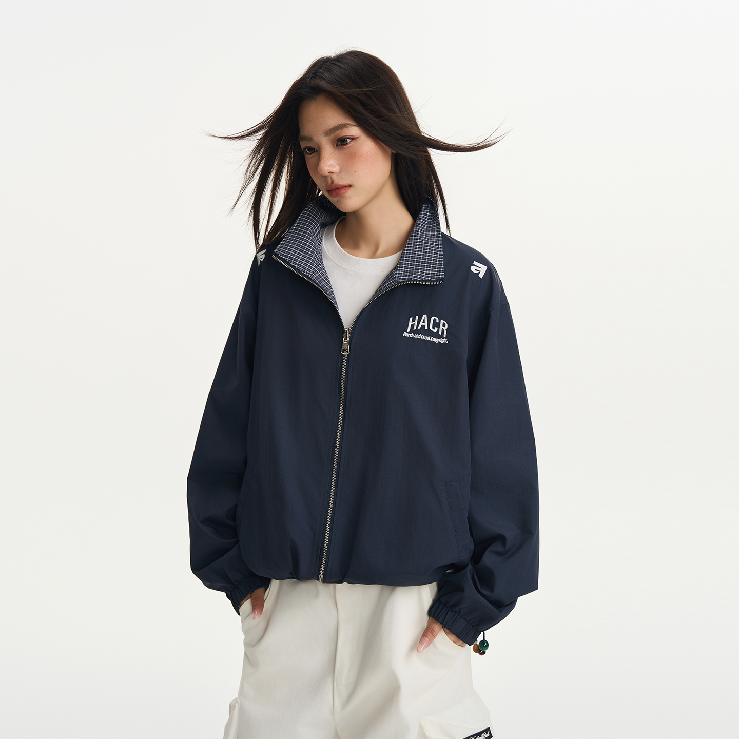 HACR两面穿格纹串珠夹克 国潮牌潮流宽松复古情侣装外套男女