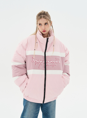 harsh and cruel 基础休闲拼接logo印花情侣宽松街头立领棉服