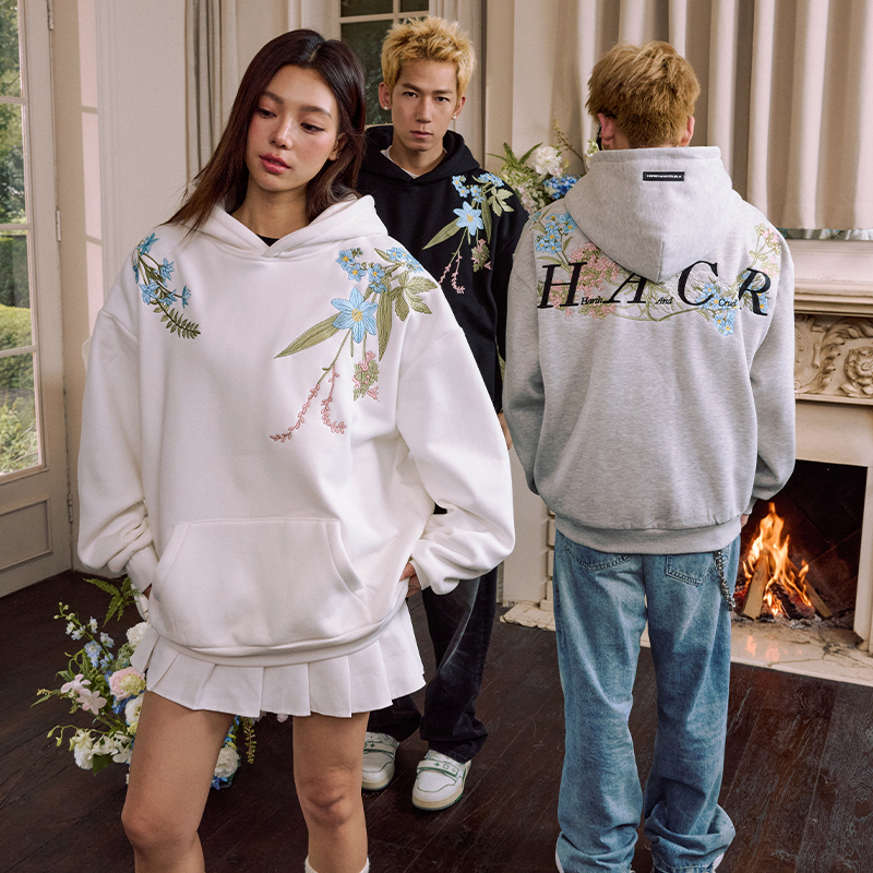 harshandcruel经典繁花过肩环绕刺绣配色植物系hacr连帽卫衣