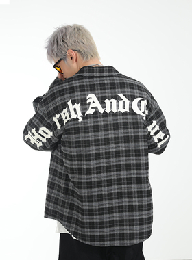 【秦奋】harsh and cruel 美式复古格纹哥特文字拼皮刺绣长袖衬衫