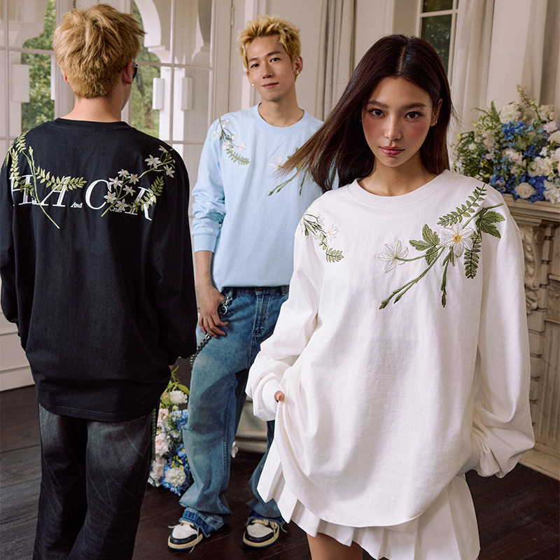 harshandcruel新中式花卉花环刺绣文字HACR廓形长袖T恤