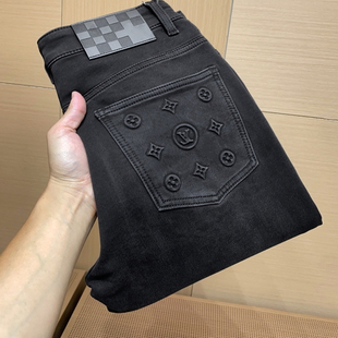 欧美风针织高弹力深黑灰色牛仔裤男冬季厚款修身小直筒中腰休闲裤