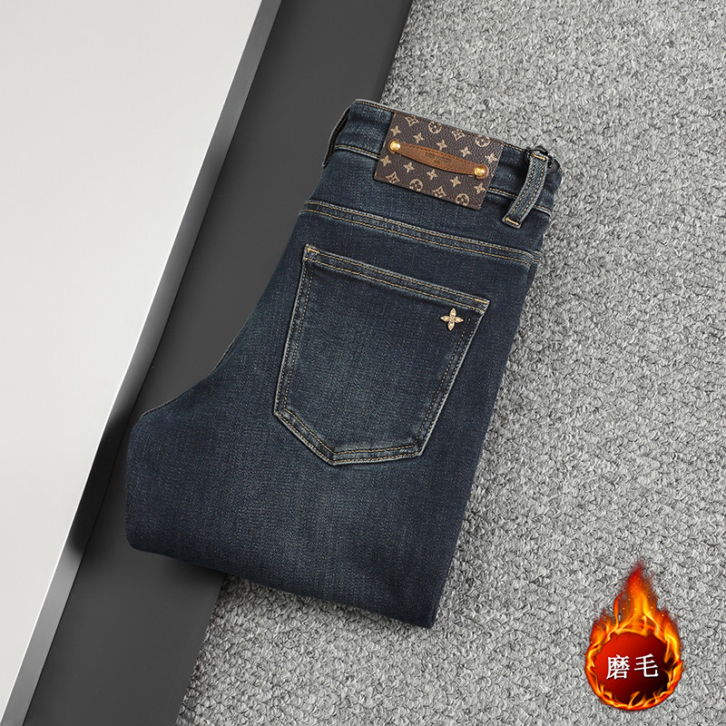 2025年冬季磨毛加绒修身牛仔裤男士弹力小直筒深蓝色加厚休闲裤子
