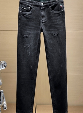 欧美潮牌骷髅头补丁刺绣深黑灰色牛仔裤男士秋冬修身小直筒休闲裤