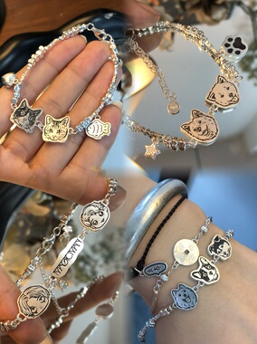 999纯银方糖碎银手链宠物人物可爱图案全身头像定制设计拼接手链