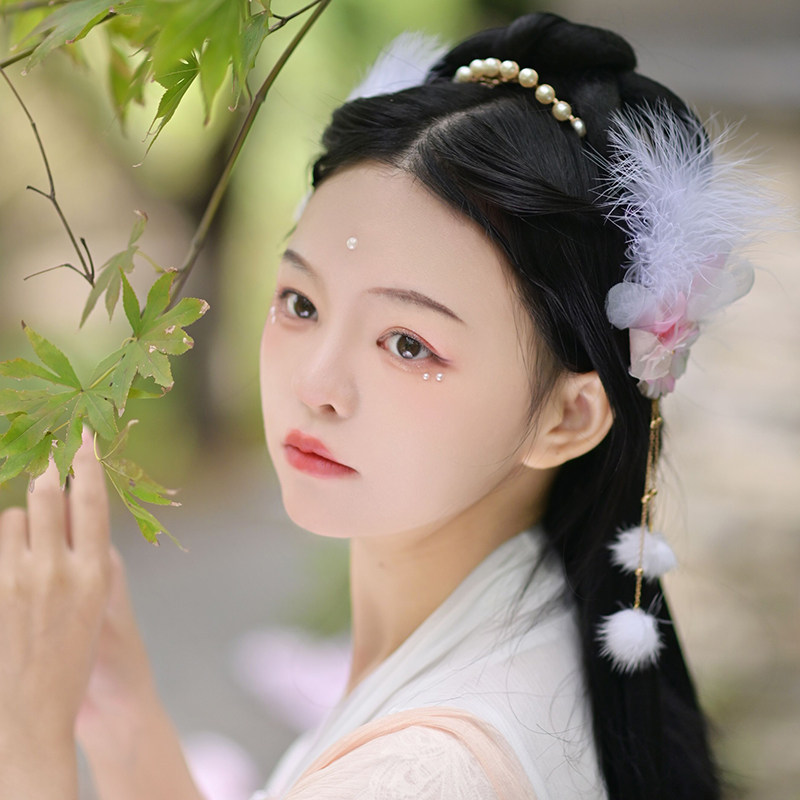 古风发夹汉服绢花头饰毛球流苏边夹古装羽毛夹子仙气写真造型配饰