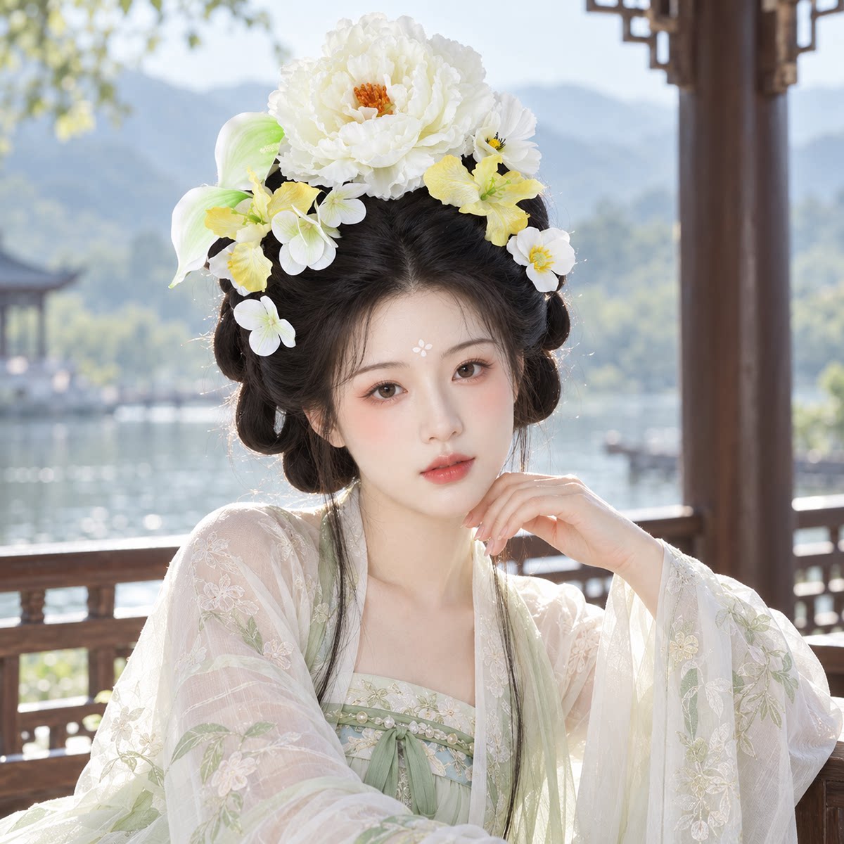 小清新白色花朵组合唐风汉服头饰