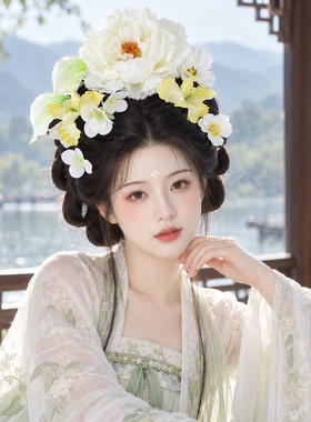 小清新白色花朵组合唐风汉服头饰