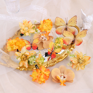 黄色仿真花头饰古风蝴蝶花朵发夹新中式簪花发钗套装汉服发饰女