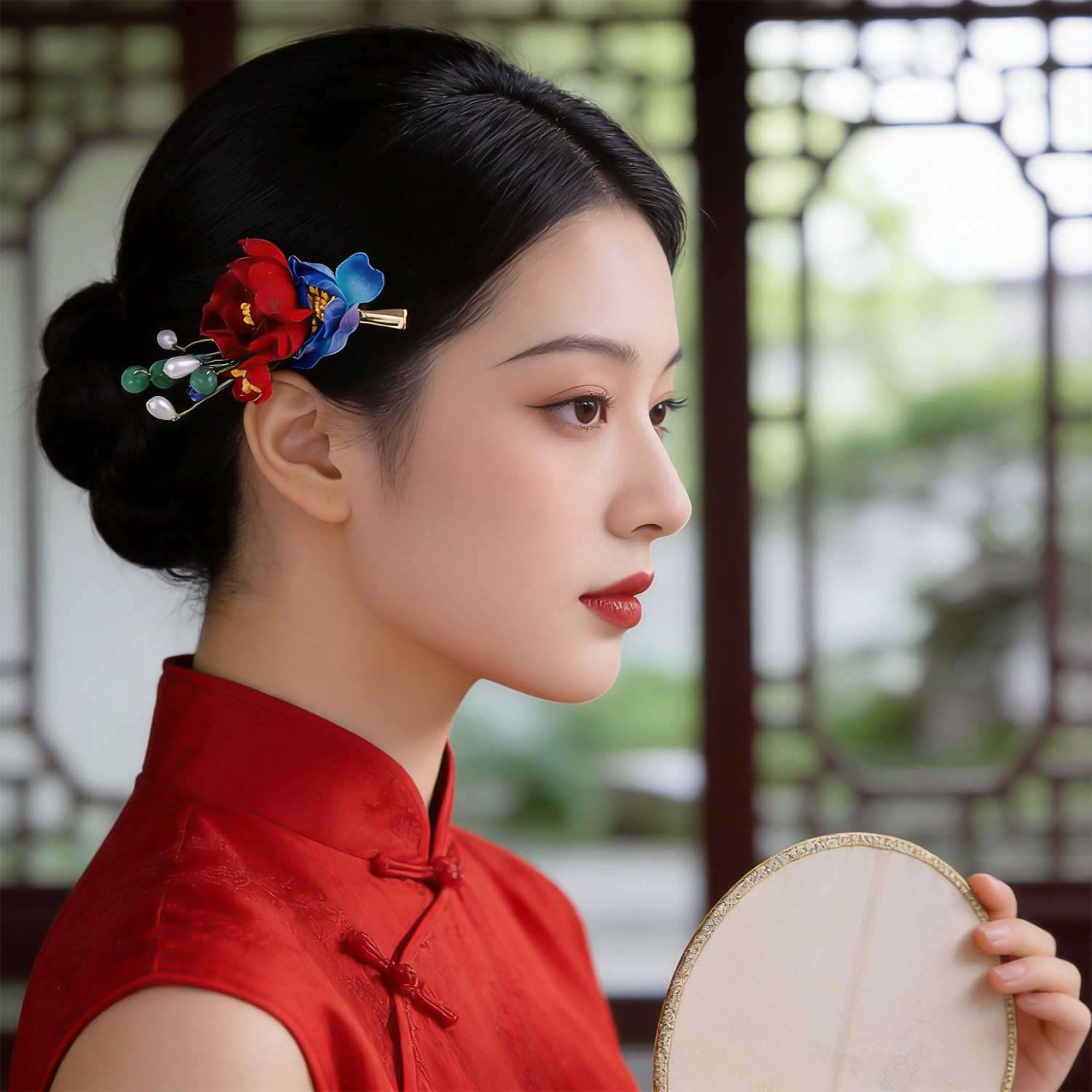古风仿绒花红撞蓝色蔷薇花套装图片