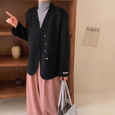 小香风V领双面羊毛大衣女秋冬新