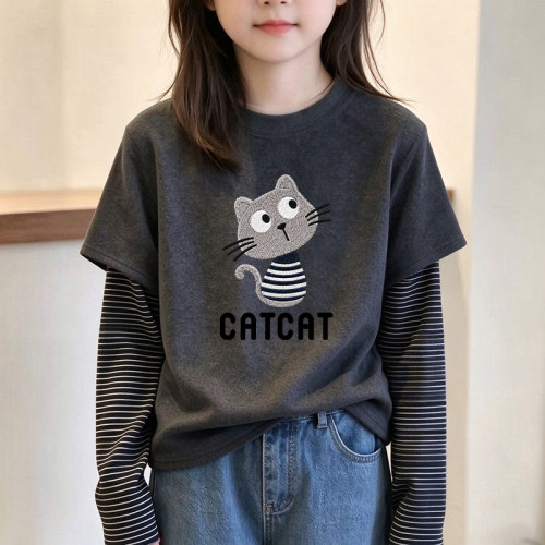 条纹假两件保暖长袖打底衫2026德绒T恤内搭秋冬半高领男童女童潮