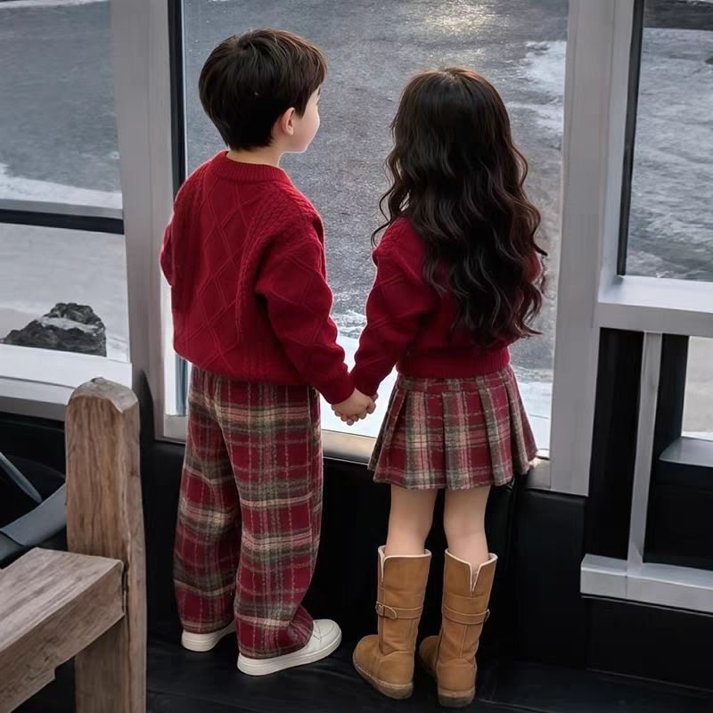 儿童加绒加厚休闲格子裤男女童复古红棕格纹卫裤秋冬季保暖阔腿裤,童装/婴儿装/亲子装,裤子,淘宝优惠券,粉丝福利购,淘宝优惠卷