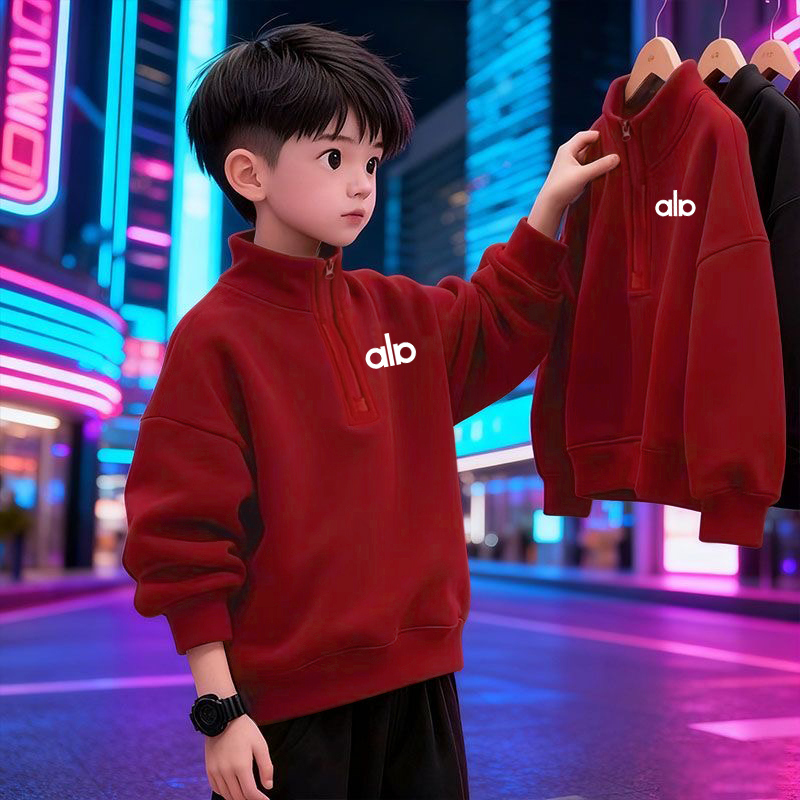 男女童半拉链红色外套冬装加绒加厚可爱卡通红色立领卫衣保暖上衣