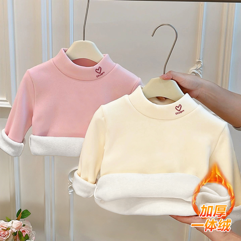 男女童加绒加厚德绒保暖上衣新款一体绒打底衫秋冬季可爱卡通T恤