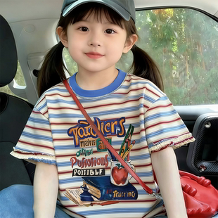 时尚 纯棉印花T恤夏季 洋气潮 可爱卡通上衣中小童条纹短袖 2026新款