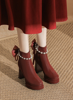 8077-Y15-L52中式秀禾婚靴红色高跟鞋粗跟短靴女新款秋冬靴子