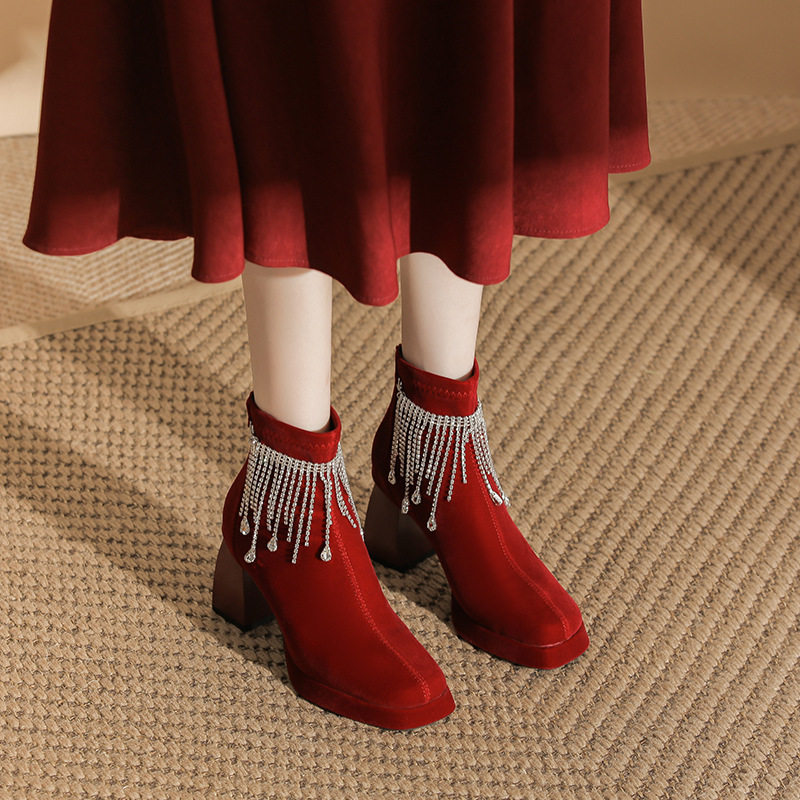 8041-Z74小个子增高流苏款靴子酒红色婚鞋法式粗跟女靴秋冬方头瘦,女鞋,西部靴,淘宝优惠券,粉丝福利购,淘宝优惠卷