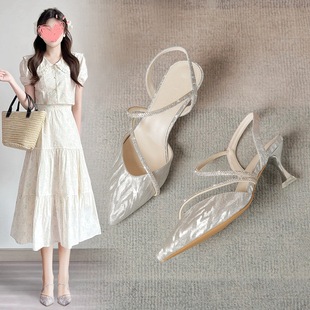 ZHR则则法式气质高跟鞋2024春夏新款尖头凉鞋百搭水钻包头女凉鞋