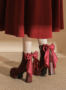 8077-L62  2025新款蝴蝶结高跟鞋粗跟红色婚鞋新娘鞋短靴女小个子