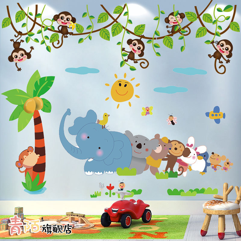 卡通动物拔河墙贴纸儿童房间布置墙壁宝宝卧室墙面装饰画墙纸自粘
