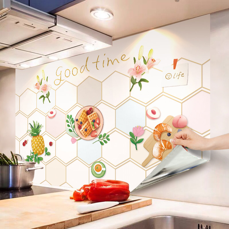 厨房防油贴纸阻燃铝箔耐高温贴画油烟机柜灶台用瓷砖墙贴防水自粘