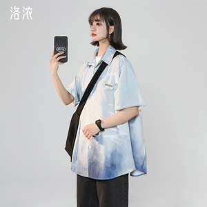洛浓无性别夏季冰丝衬衫短袖男女渐变满印水墨画宽松潮牌百搭学生