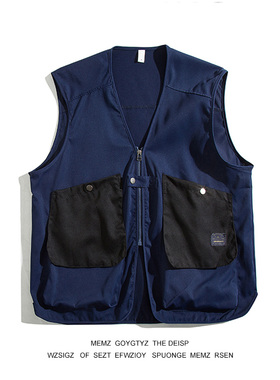 日系复古V领工装马甲男潮牌宽松休闲百搭痞帅拼色大口袋无袖外套